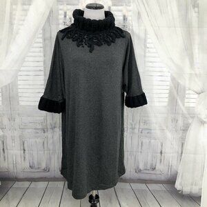 Adam Jones Paris Size 3 Gray Black Sweater Dress Turtleneck Pullover Embroidered